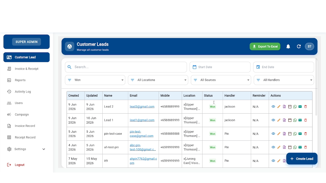 CRM Dashboard showing sales metrics and lead management interface